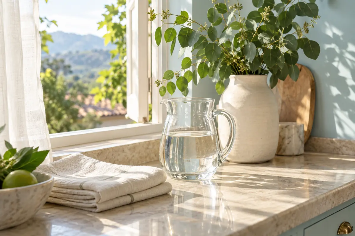 Hogar luminoso con textiles, agua y hojas verdes